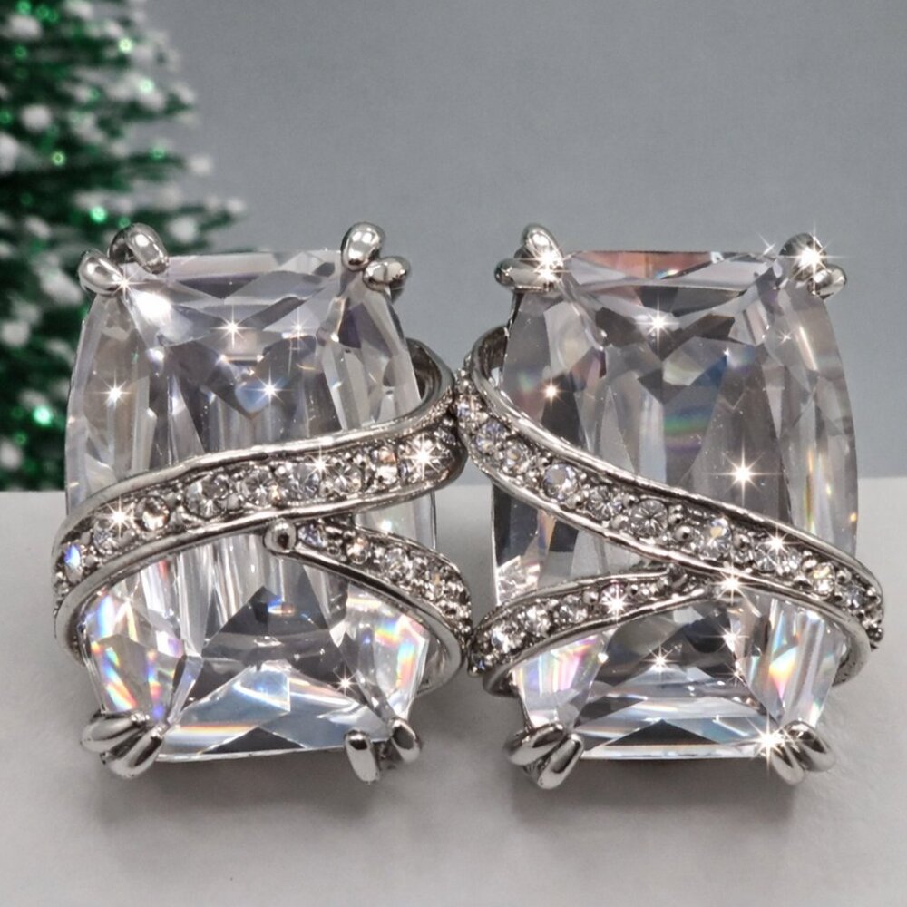 Large Crystal Sparkly Silver Tone Clip Earrings Wedding Bridesmaid